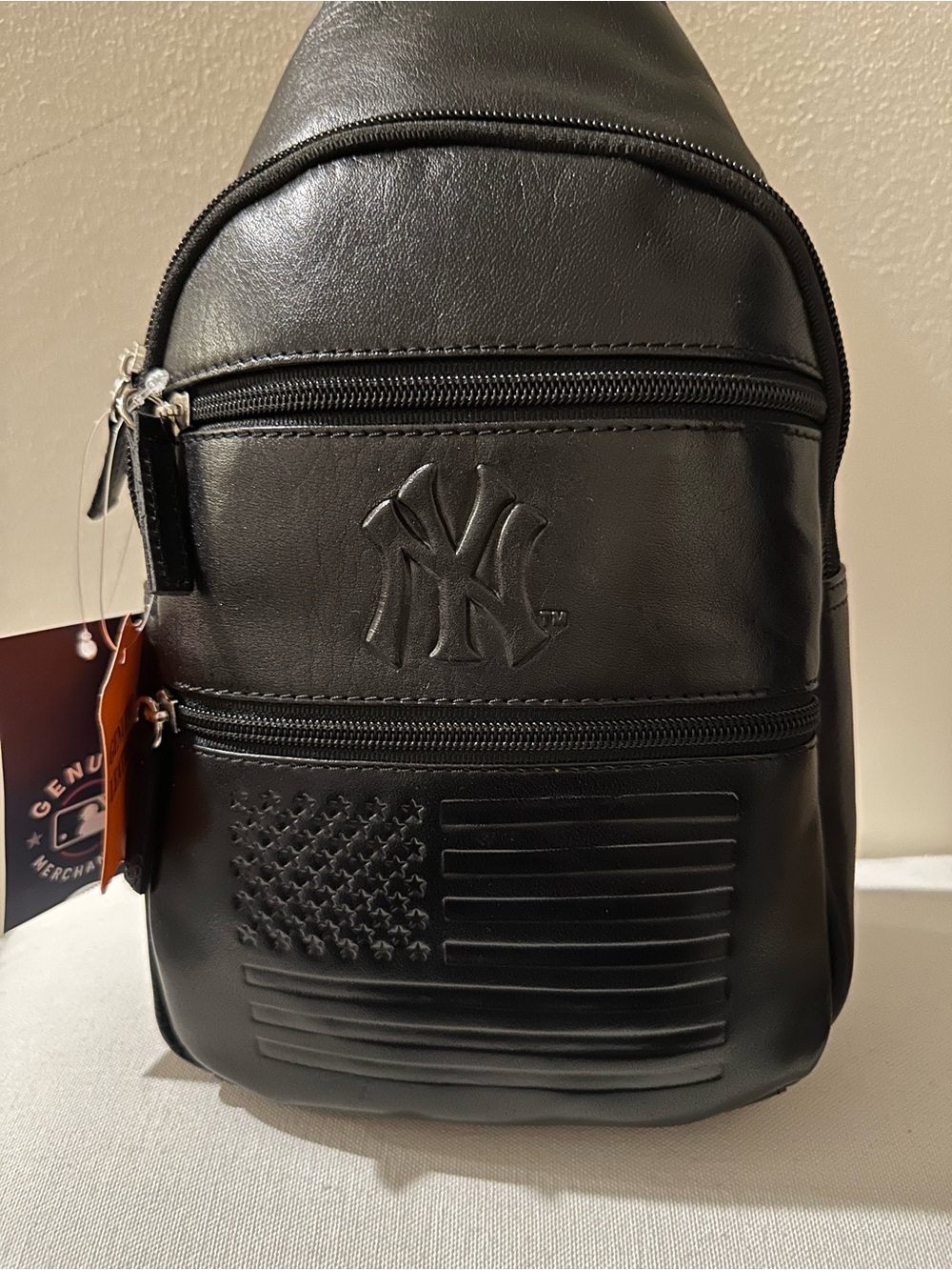 NY Yankees Black Leather Sling Bag